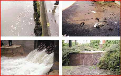 4 images showing sewage waste and fast flowing waters